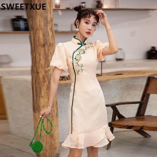 SWEETXUE 2021 Spring Chinese Style Fashion Embroidered Puff Sleeve Cheongsam Modern Girl Elegant Chic Cute Fishtail Dresses