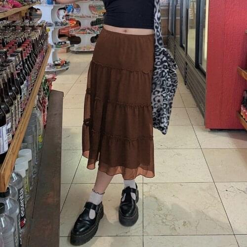 Y2K Mesh High Waist Autumn Skirts Harajuku Vintage Brown Midi Skirt Womens 2021 Retro A Line Skirt Cute Korean Ruffles