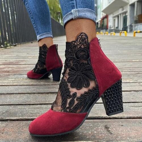 2021 Womens Shoes Fashion Women High Heels Peep Toe Lace Flower High Heel Net Surface Hollow Out Sandals Zapatillas Mujer 35-43