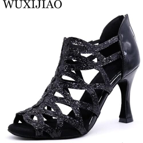 WUXIJIAO Latin dance shoes women waltz shoes Salsa ballroom dance shoes zapatos de baile latino mujer black red shoes for women