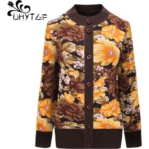 UHYTGF Womens sweater Knitted cardigan women autumn winter sweater jacket fashion flower elegant Female 4XL Plus size coat 1238
