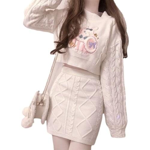 Fall Winter Fashion 2 Piece Knitted Skirt Sets Cute Print Short Sweater Pullover&High Waist Pencil Skirt 2pc Dress Suits Outfits