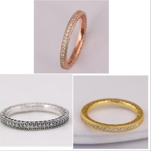 925 Sterling Silver pan Ring Gold Stackable Love Hearts With Crystal Ring For Women Wedding Party Gift Fine Jewelry