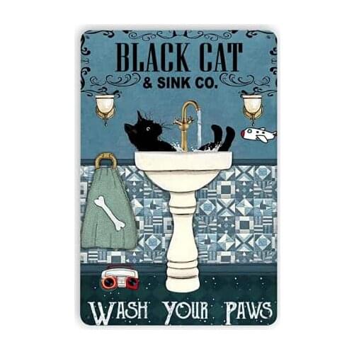 Cat Tin Sign -Vintage Black Cat Wash Your Paws Tin Sign for Cat Crossing Sign, Backyard Garage Man Cave Shed Office Craft Room