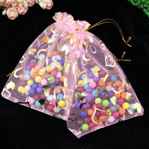 100Pcs/lot 17x23cm Pink Organza Bag Heart Design Wedding Favor Candy Gift Bag Christmas Cosmetics Boutique Packaging Bag Pouches