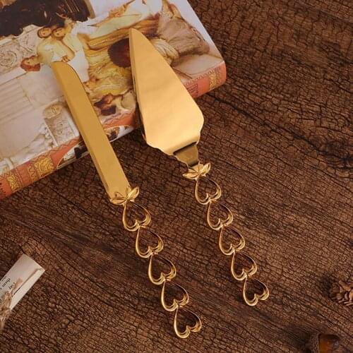2Pcs/Set Elegant European Style Cake Pizza Cutter Rust-proof Triangle Heart Shape Handle Wedding Cake Knife Server Set for Party