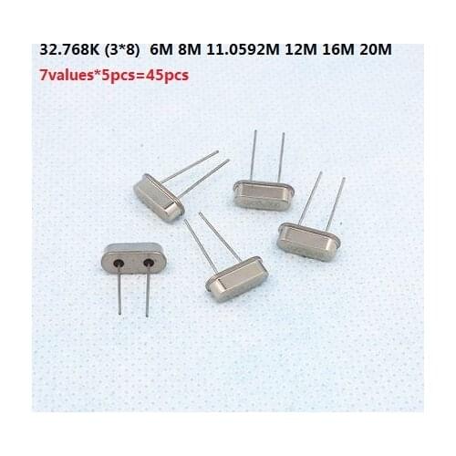 7values*5pcs=45pcs crystal kit oscillator passive 32.768K (3*8) 6M 8M 11.0592M 12M 16M 20M Mhz Assorted kit set MHZ HC-49S DIP