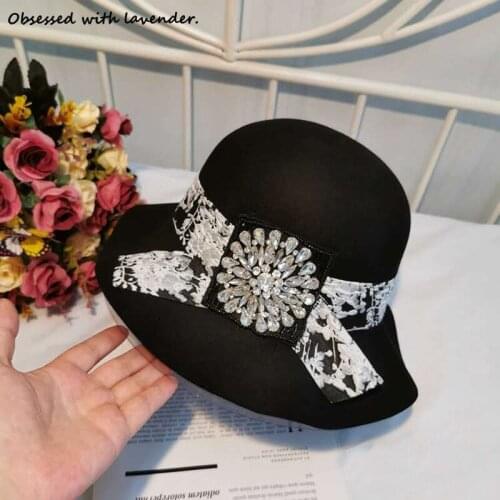 Autumn and winter pure wool fisherman hat women rhinestone flowerpot hat Joker felt hat elegant large brim hat spring