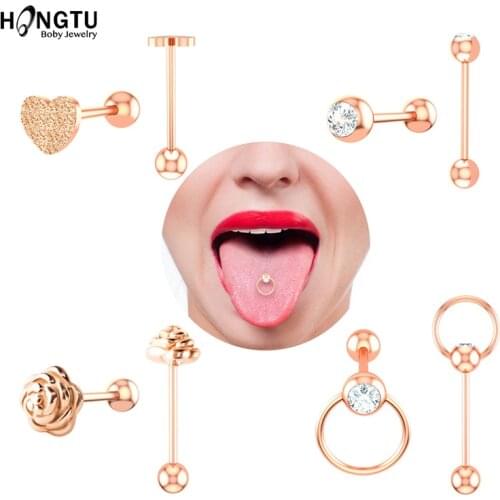 HONGTU 1-4 PCS Flower Heart CBR Zircon Tounge Rings Bars Barbell 316L Surgical Steel Tongue Piercing Body Jewelry for Women 14G
