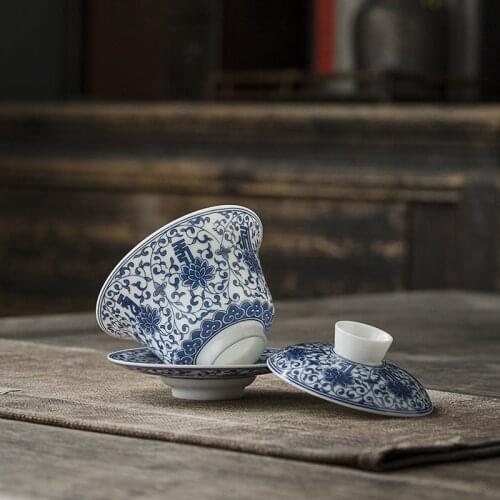 Ceramic Whiteware Tea Set Blue Pattern Cover Bowl Sweet Ceramic Whiteware Full Color Three-Force Bowl Rock Tea Tea Bowl Gaiwan
