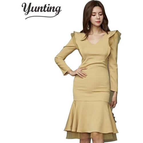 Fashion Patchwork Long Sleeve Dress Women winter Mermaid Bodycon Dresses Elegant Korean Style OL V-neck Vestidos