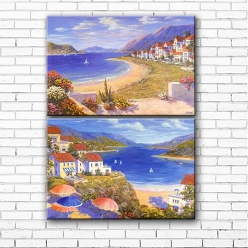 Mediterranean blue sea house beach scenery canvas printings set oil painting printed on canvas home wall art decoration picture