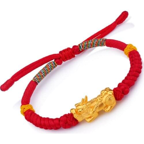Genuine 24K Yellow Gold Wealth Pixiu with Red Cord Bracelet Length from 5" to 15"