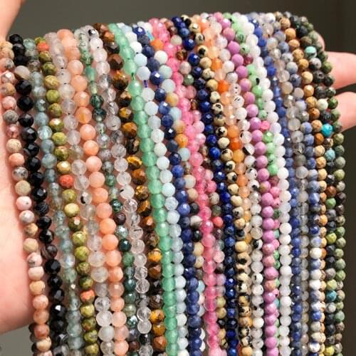 Natural Stone Faceted Bead 2/3/4mm Agates Crystal Jades Gems Loose Beads for Jewelry Making Tiny Beadwork DIY Bracelet 15inches