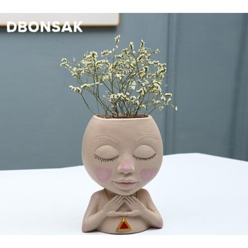 Nordic Human Face Vase Girl Sculpture Big Eyes Doll Flower Pot Green Plant Potted Home Decor Ornaments Arrangement Container