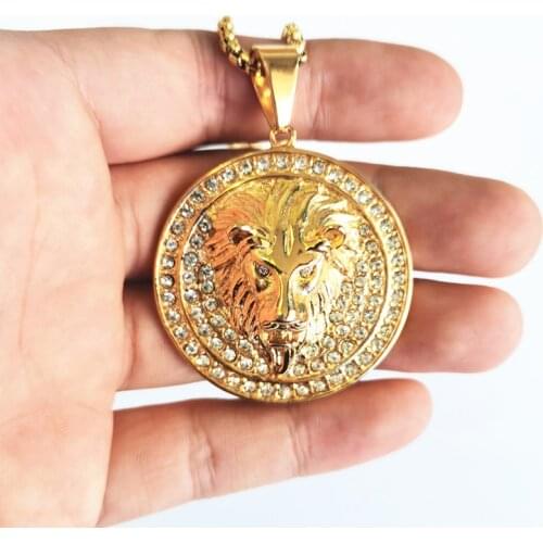 New Arrival 316L Stainless Steel Chain With Gold Color rhinestone round Lion Head Pendant Necklace for Men Hip Hop Bling Jewelry