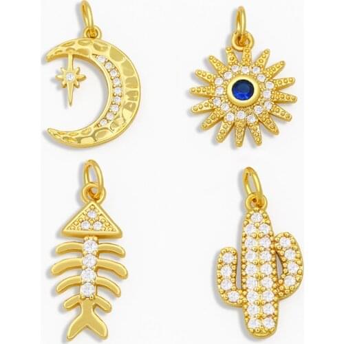 OCESRIO DIY Copper Cactus Sun Moon Earrings Charms Making Accessories Gold Pendant Charms for Jewelry Making Wholesale pdta184