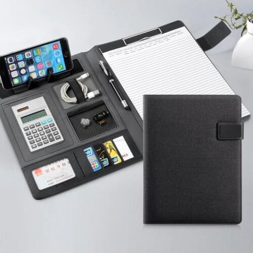 File Organizer Portfolio Folder Document Bags PU Leather Notepad Multifunction Card Holder Pen File Clip Calculator Memo notepad