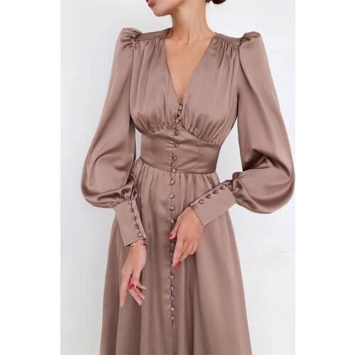 Autumn women satin dress single breasted button v-neck lantern sleeve elegant midi dresses slim waist vintage woman long dresses
