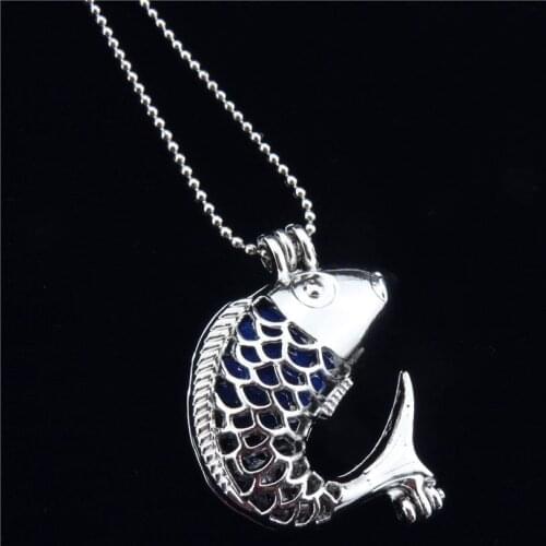 R-K49 Carp Fish Bead Cage Pendant Charms Lockets Necklace Floating Stainless Steel Rolo Chain Necklace Girl Kids Jewelry Making