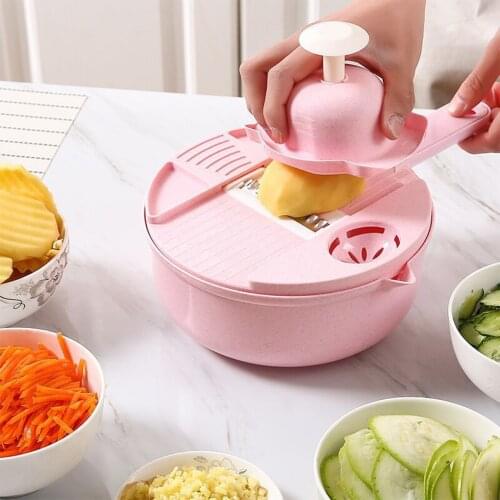 Hand Made Vegetable Salad Cutter Bowl And Multifunctional Fruit Slicer Choppers Gadgets Kichen Accessories Utensils Pink Plate