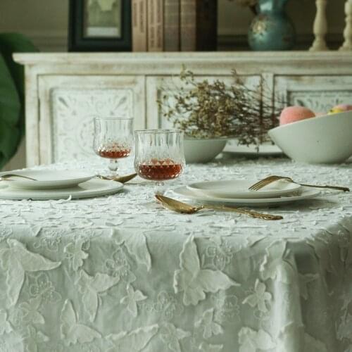 Luxury White Lace Cotton Dining Tablecloth Embroidered Flower Table Cover Cloth Elegant Christmas Wedding New Year Decoration
