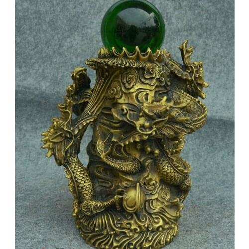 11" Chinese Dynasty Palace Pure Bronze Copper FengShui Animal Dragon Bead Statue