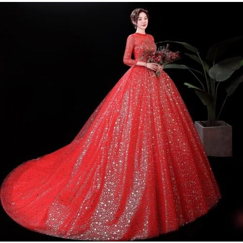 XXN-157#Bridal Wedding Dress Rde O-Neck Three Quarter Sweep/ Brush Train Embroidered Organza and Tulle Bride Marry Dresses Gril