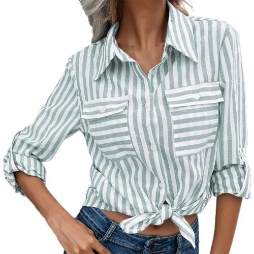 Women Shirt Blouse Autumn Striped Turn-Down Collar Women Shirt Slim Fit Buttons Down Two Pockets Autumn Shirt Female Clothing