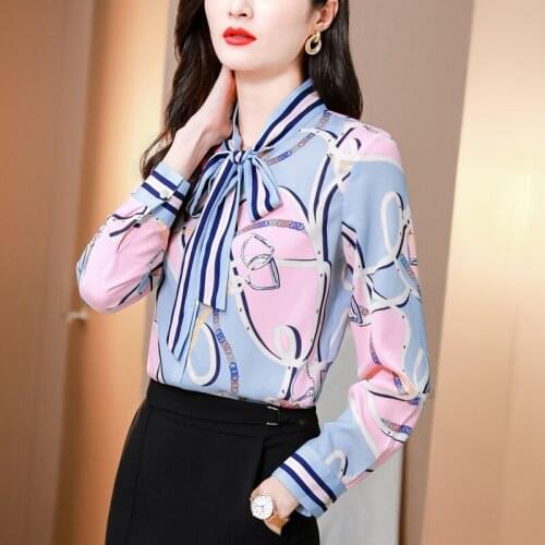 Womens Bow Printed OL Blouses 2021 Spring Plus Size Long Sleeve Blusas Elegant Casual Vintage Loose Tops Sexy Tees 9225
