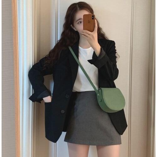 Women Black Casual Elgant Office Suit Jacket Female 2021 Spring And Autumn Korean Cardigan Daliy Outwear Pockets Design Coat New