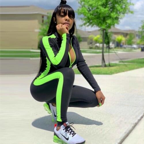 NORMOV Fashion Fitness Jumpsuit Women Casual Elastic Skinny Long Romper 2019 New Side Striped Patchwork Turtleneck Bodysuit