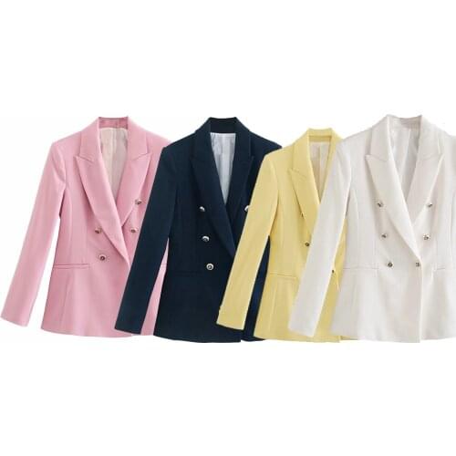 2021 Women Elegant Solid Notched Streetwear Long Sleeve Suit Female Vintage Office Lady Double Breasted Blazer Casual Top