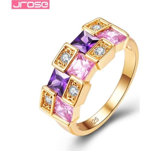 JROSE Wholesale Goldplated Purple Pink White Cubic Zirconia Jewelry For Women Silver Ring Size 6 7 8 9 Wedding Bands