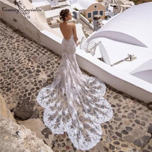 Boho Mermaid Wedding Dresses for Women Bride 2021 Lace Appliques Beaded Spaghetti Straps Bohemian Bridal Gowns Vestido De Noiva