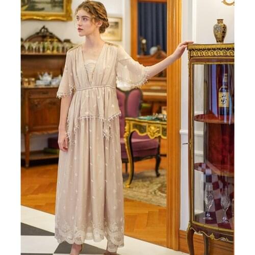 Summer Vintage Women Mori Girls Maxi Ladies Elegant Casual Loose Exquisite Embroidery Handmade Beading Sequins Long Dress