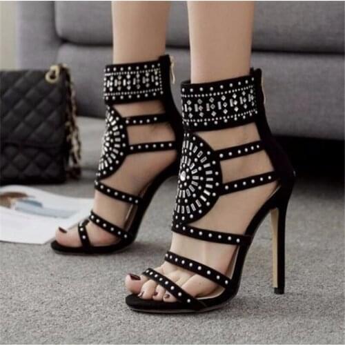 2021 Hot Ethnic Open Toe Rhinestone Design High Heel Sandals Crystal Ankle Wrap Diamond Gladiator Women Sandals Black Size 35-42
