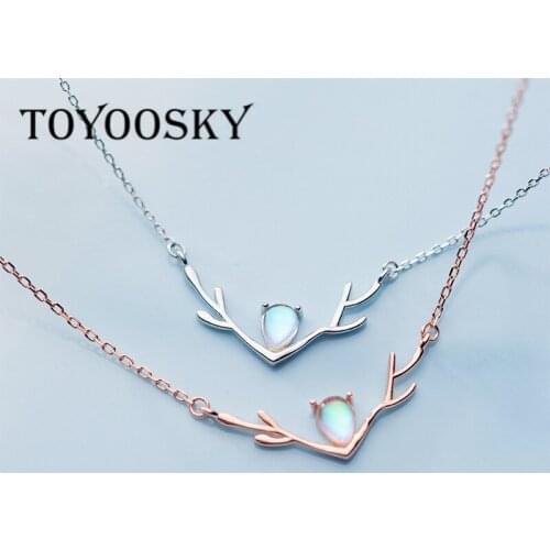 925 Sterling Silver Color Synthetic Glass Waterdrop Deer Antlers Creative Pendant Necklace Elegant Christmas Jewelry Women Gift