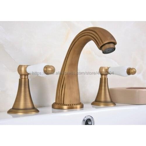 Antique Brass Bathroom Sink Faucet Widespread 3pcs Ceramics Handles Basin 3 Holes Mixer Tap Nan091