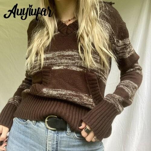 Auyiufar Brown Striped Goblincore Hooded Sweater V Neck Retro Ribbed Pocket Pullovers Y2k Fairy Grunge Winter Autumn Knitted Top