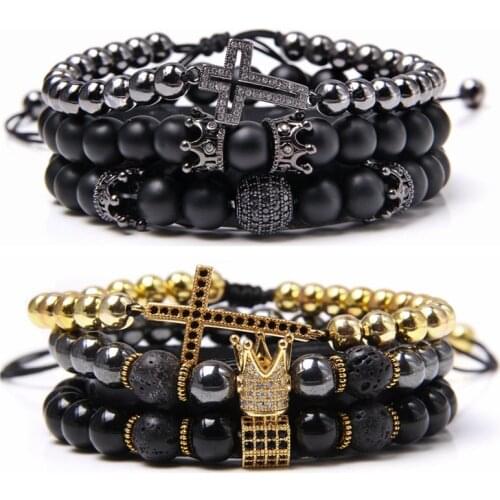 3pcs/set Gold black metal cross Crown Charm bracelet Trendy Micro Pave Cubic Zirconia Hecagon Bracelet Men Couple Stone bracelet