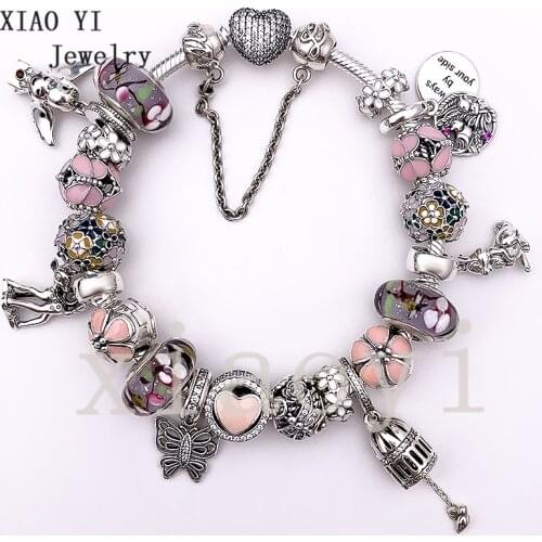 XIAOYI 2020 new 100% s925 Flower butterfly birdcage wheat ear deer Eagle squirrel DIY Beaded Bracelet female