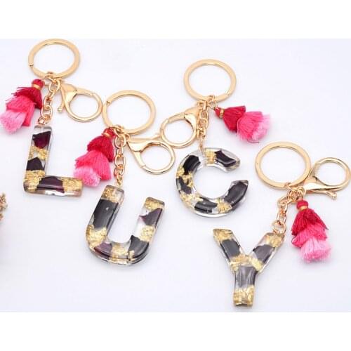Real Dried Flower Letter Keychain English Alphabet Keyring Gradient Resin Words Crafts Black Rose Charm Handbag Pendant Gift