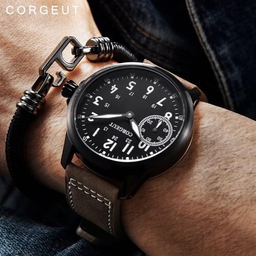 Corgeut 44mm Men Watch Military Sport Clock Classic 17 Jewels 6497 Mechanical Hand Winding Luminous Wristwatch Men