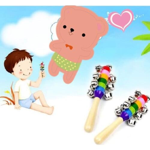 Wooden Stick 10 Jingle Bells Rainbow Hand Shake Bell Rattles Baby Kids Children Educational Toy