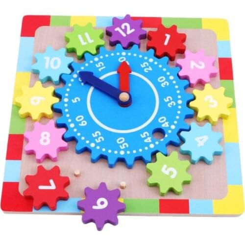 Kid Wooden Gear Block Multicolor Digital Clock Jigsaw Puzzle Early Education Toy