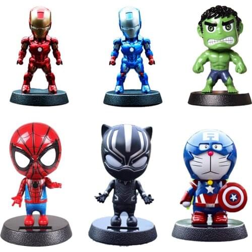Q Superhero Iron Man Black Panther PVC Version Action Figure Solar Energy Shake Head Superman Robert Bruce Banner Toy 12cm
