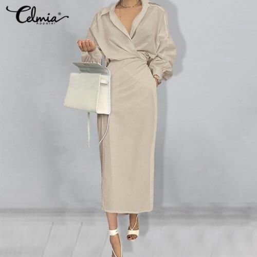 Celmia Elegant Women Shirt Dress Stylish Long Sleeve Lapel Work OL Dresses Casual Pleated Party Midi Vestidos Belted