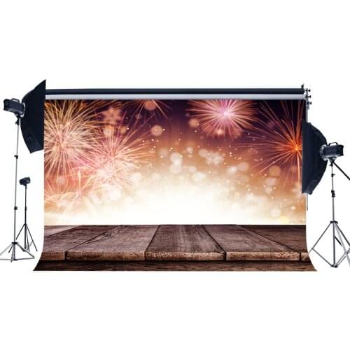 Photography Backdrop Merry Christmas Fireworks Vintage Stripes Wood Floor Bokeh Xmas Backdrops Happy New Year Background