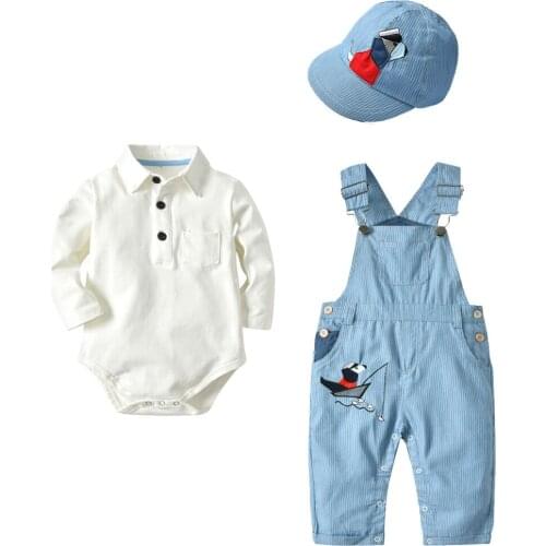 3pcs Cotton Bib Long-sleeved Jumpsuit Suit Boy Fashion Outfit Toddler Boy Hat Romper Clothing Baby Set For Newborn Clothes Gifts